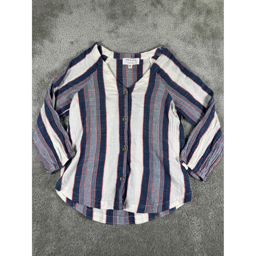 Cloth & Stone Anthropologie Striped Cotton Button Down Top Navy Red White Med